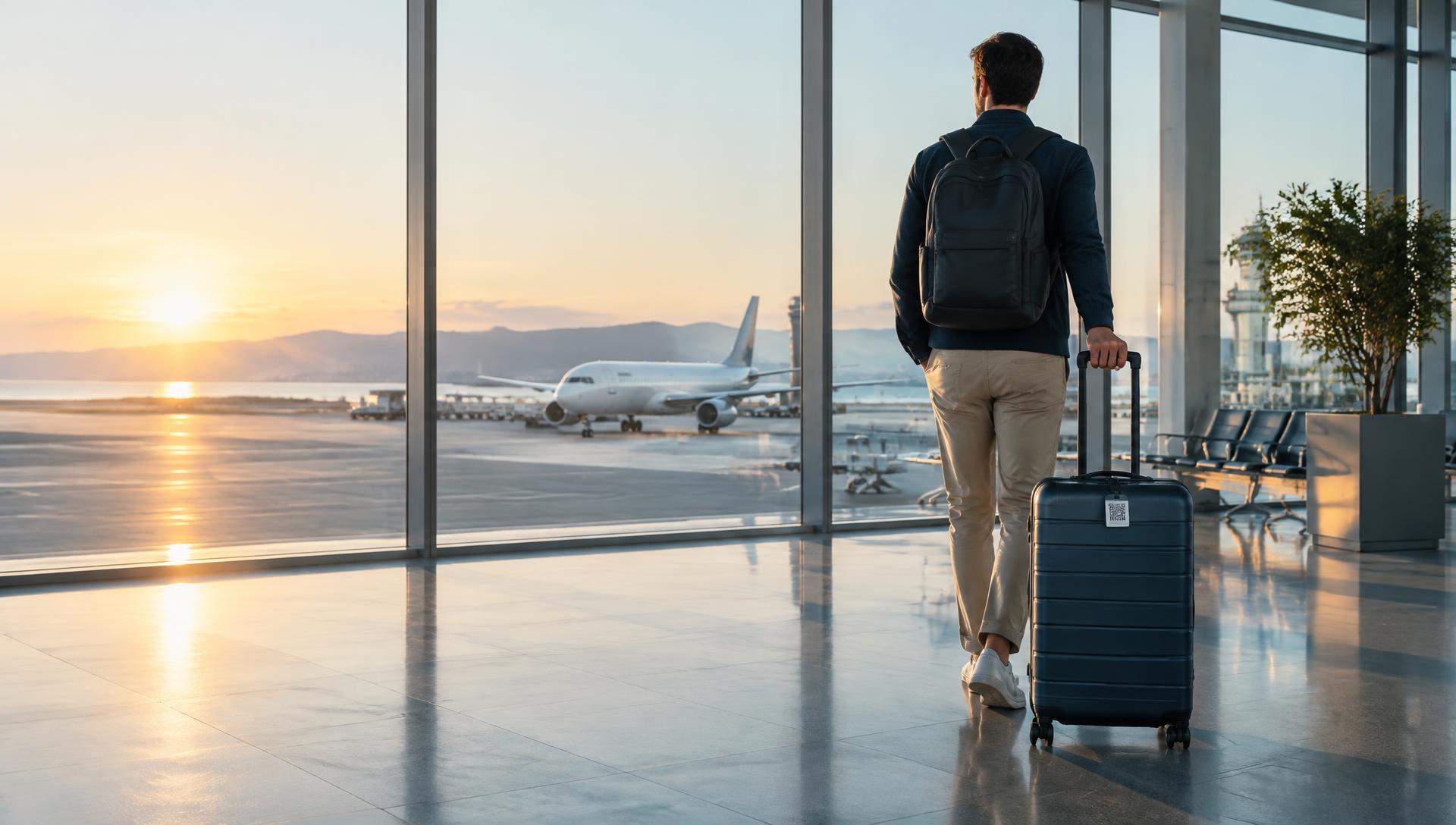 Reisender mit QR-gekennzeichnetem Koffer am Flughafen